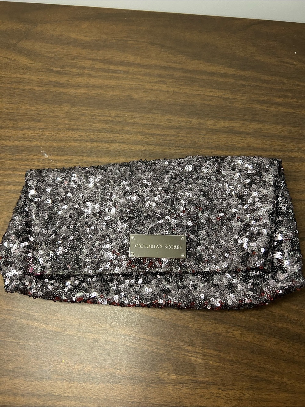 Victoria’s Secret Silver Sequin Foldover Clutch Cosmetic Makeup Bag 8 Inch
